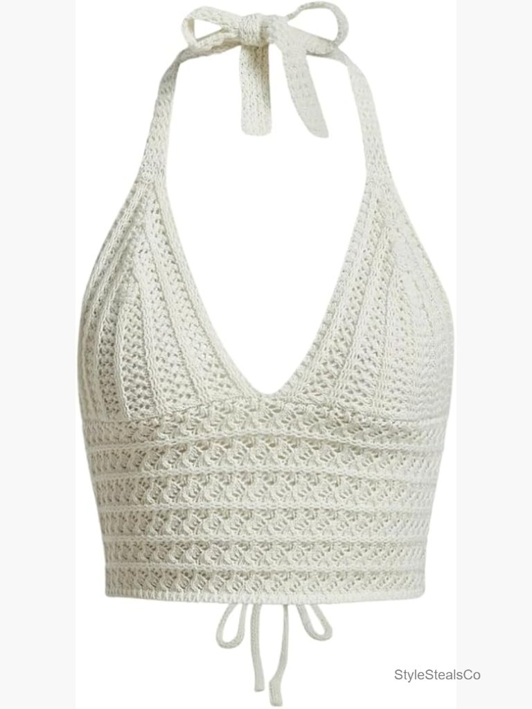 Lace Up Backless Crochet Halter Crop Top Sleeveless Tie Back Knit Cami